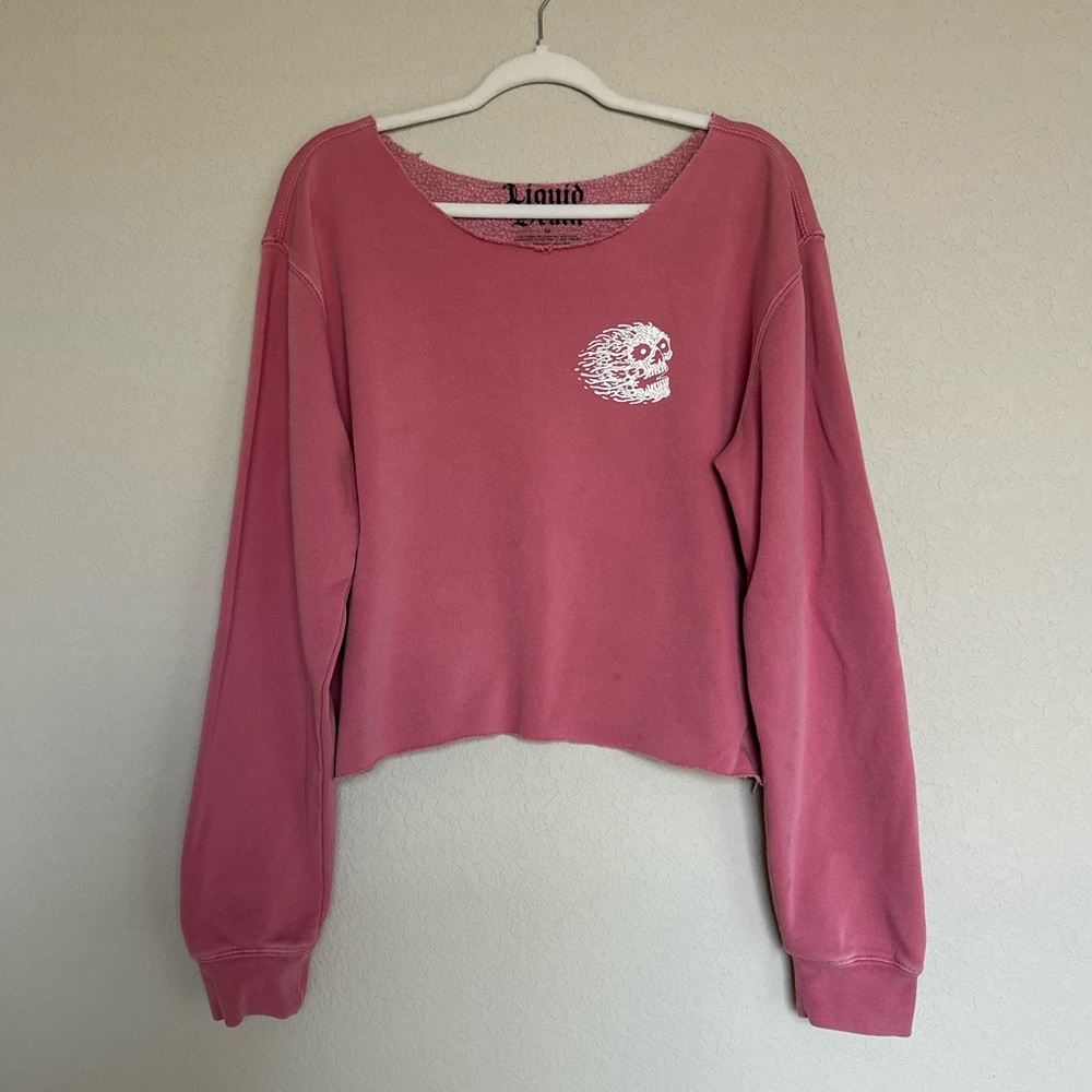 Liquid Death Mountain Water Cropped Sweatshirt – Distressed Rose Pink